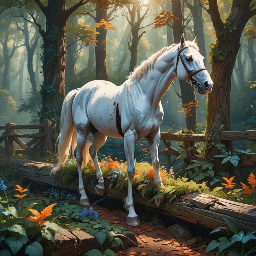 Fallen White Racehorse in Mystical Forest