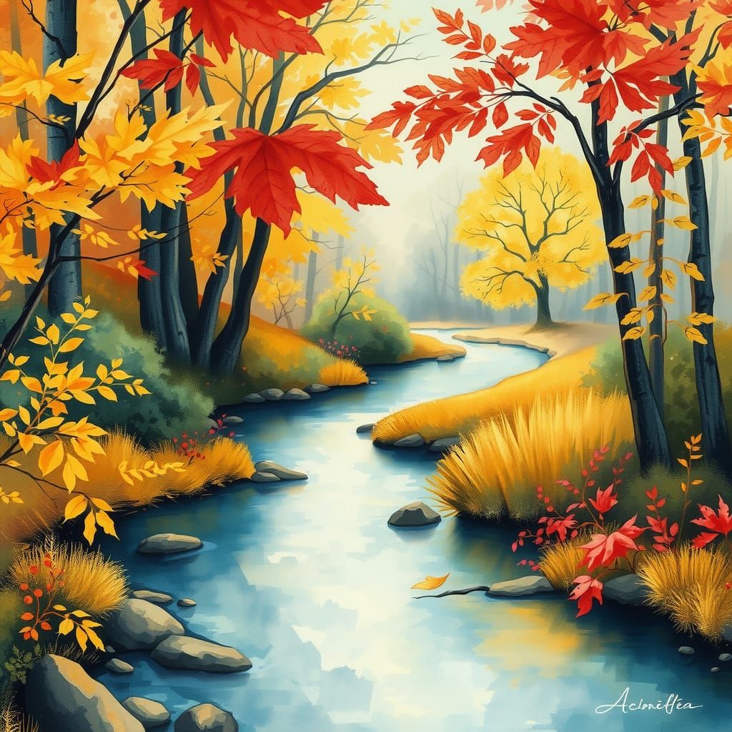A sparkling stream flows through a dreamy autumn forest. Wat...