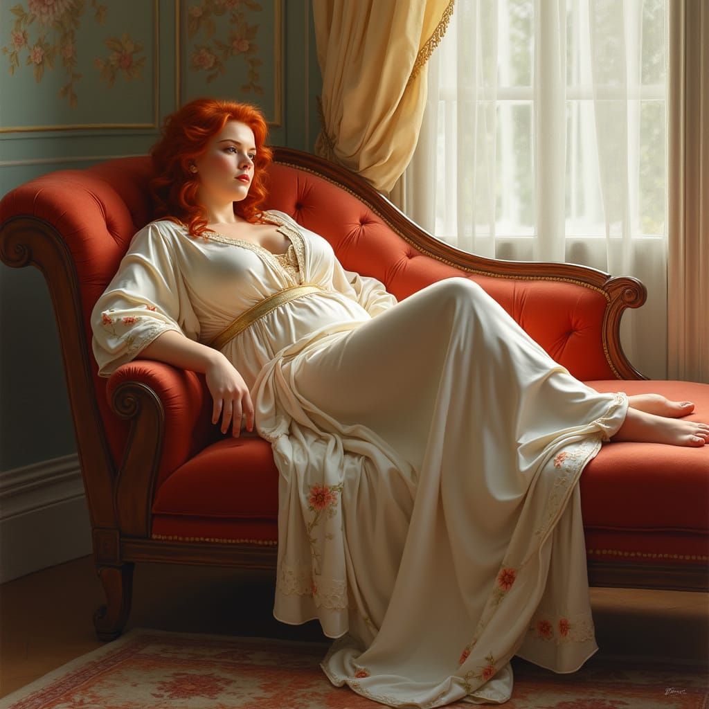 Plus-Size Woman in Renaissance-Inspired Velvet Chaise Lounge