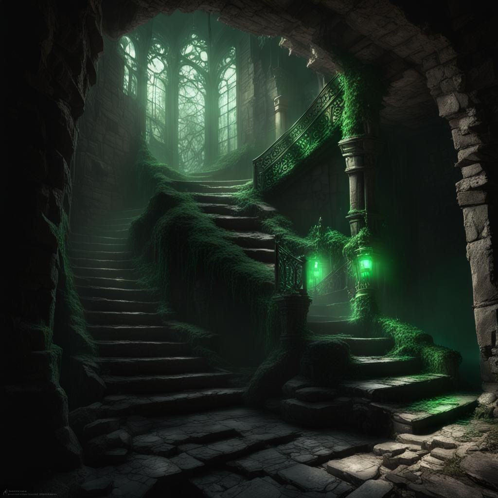 Dark Kitten Guarding Castle Staircase