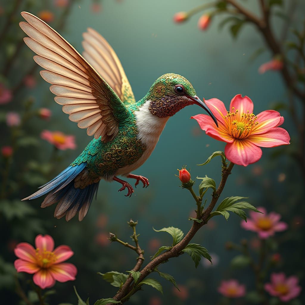 Steampunk Hummingbird Sips Nectar in Overgrown Garden