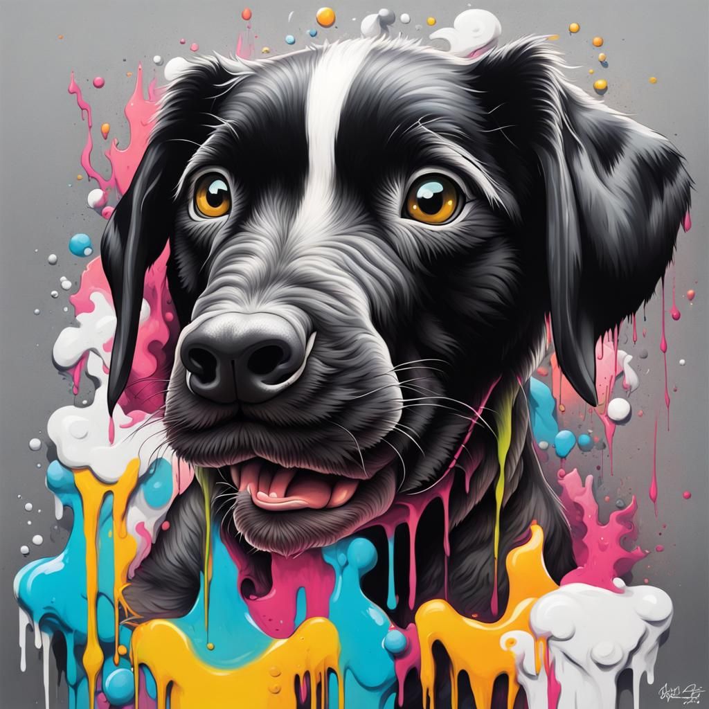 Cute Black and White Dog in Graffiti Art