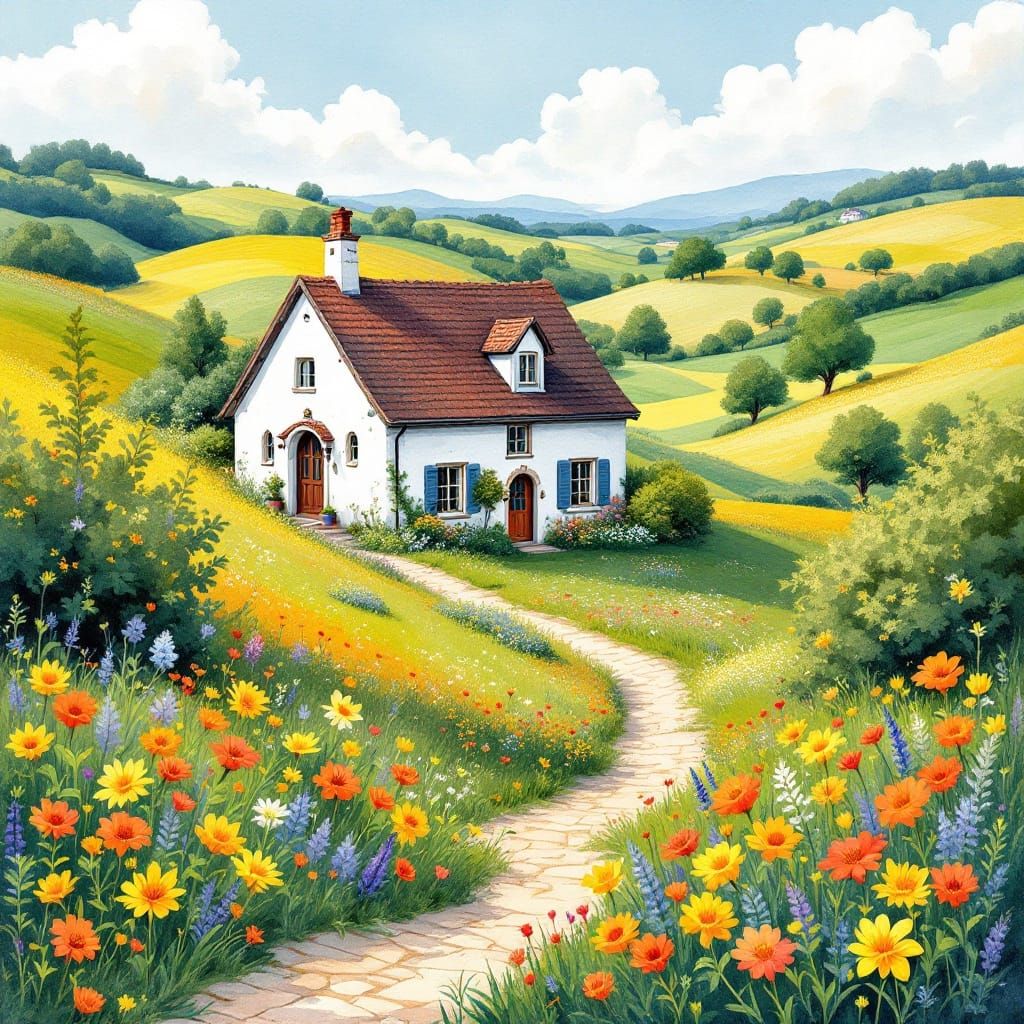 Charming House in Rolling Hills: Watercolor Painting