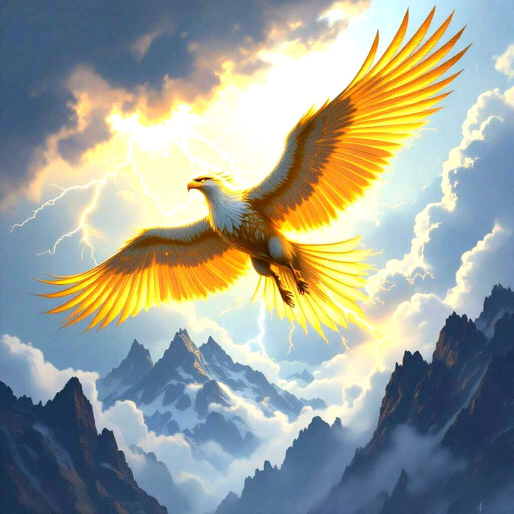 Golden Griffin Soaring Through a Stormy Sky