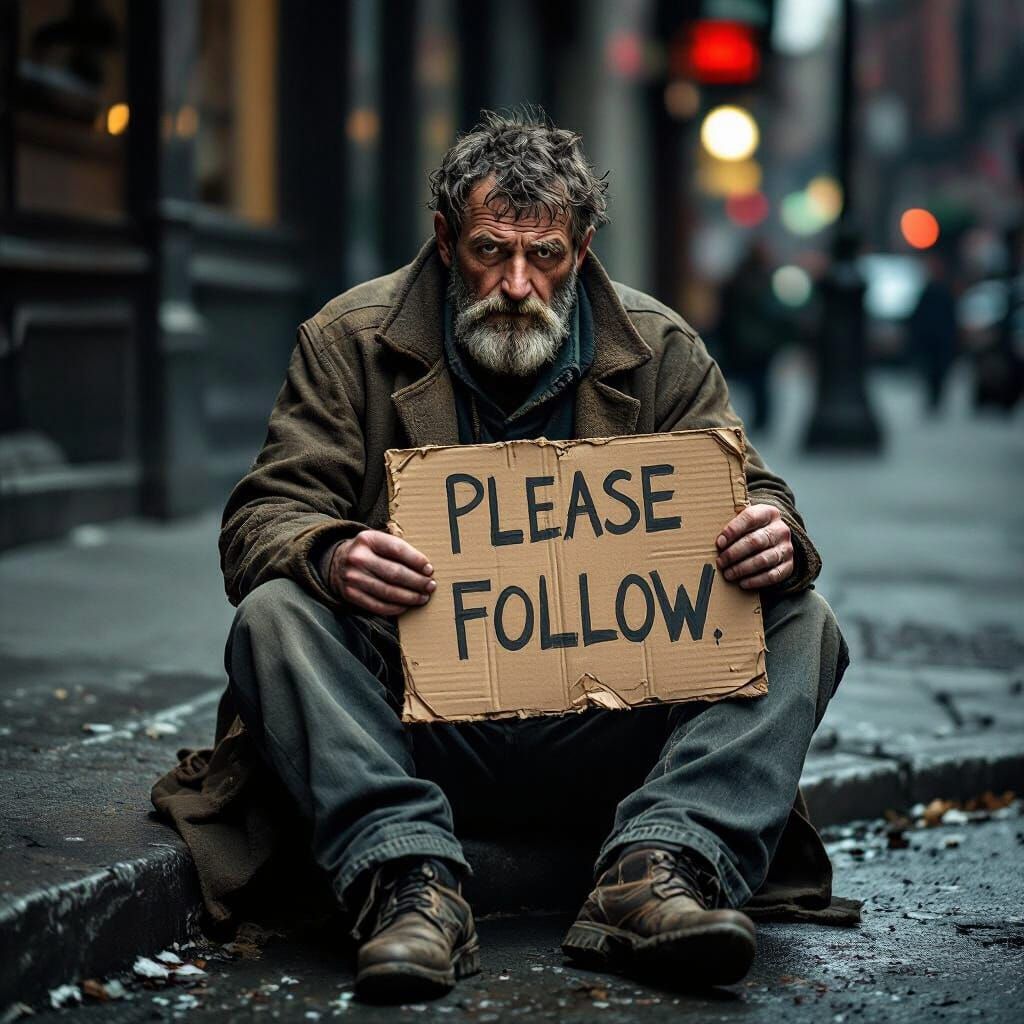 Weary Man with 'Please Follow' Sign on Grimy Sidewalk