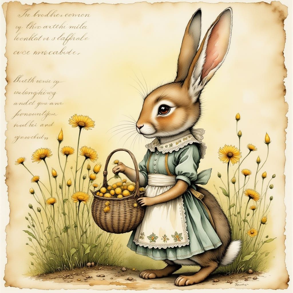 Anthropomorphic Rabbit in Vintage Dress Holding Flowers