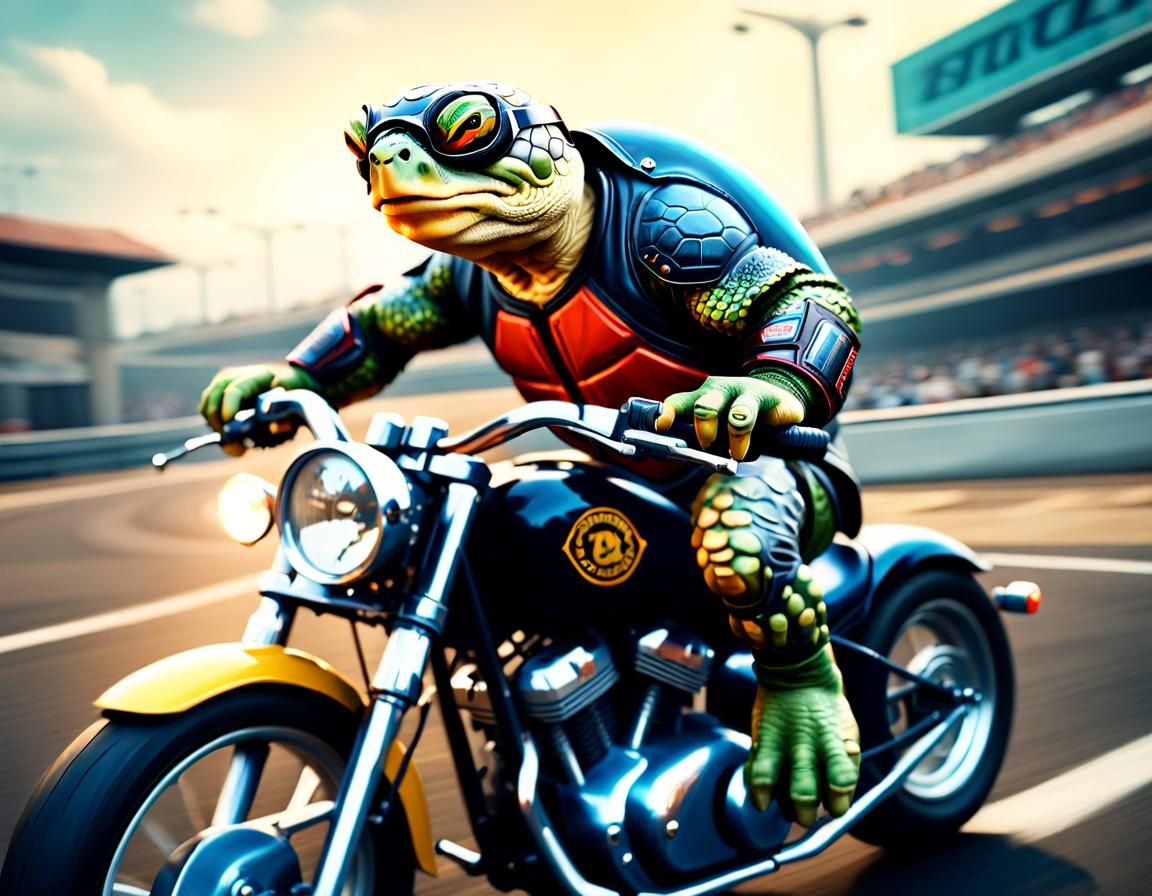 Anthropomorphic Turtle Rides Racer Motorcycle in Photorealis...