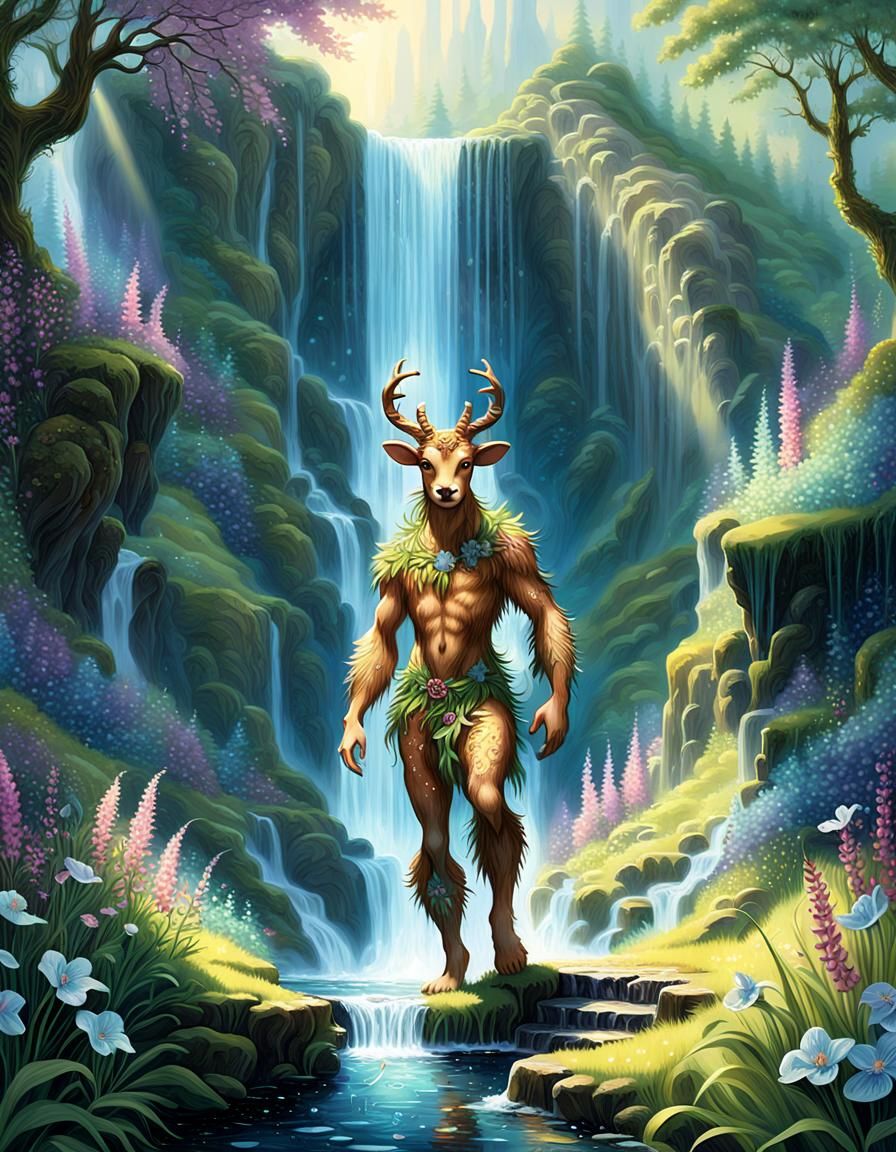 Faun Emerges From Magical Portal in Lush Meadow