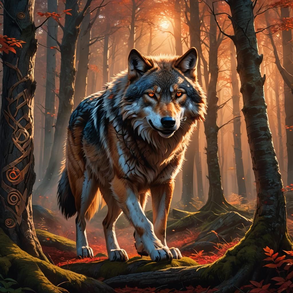 Lone Wolf Hunt in Rune Forest: Hyperrealistic Concept Art