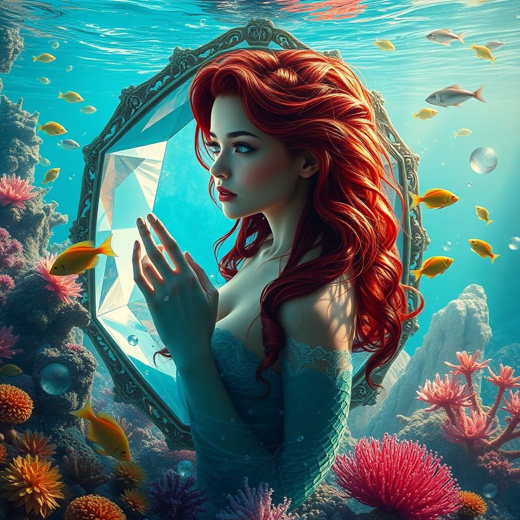 a glass prismatic crypt filled with fish underwater, behind the glass a magnificent red mermaid,beautiful flora and faun...