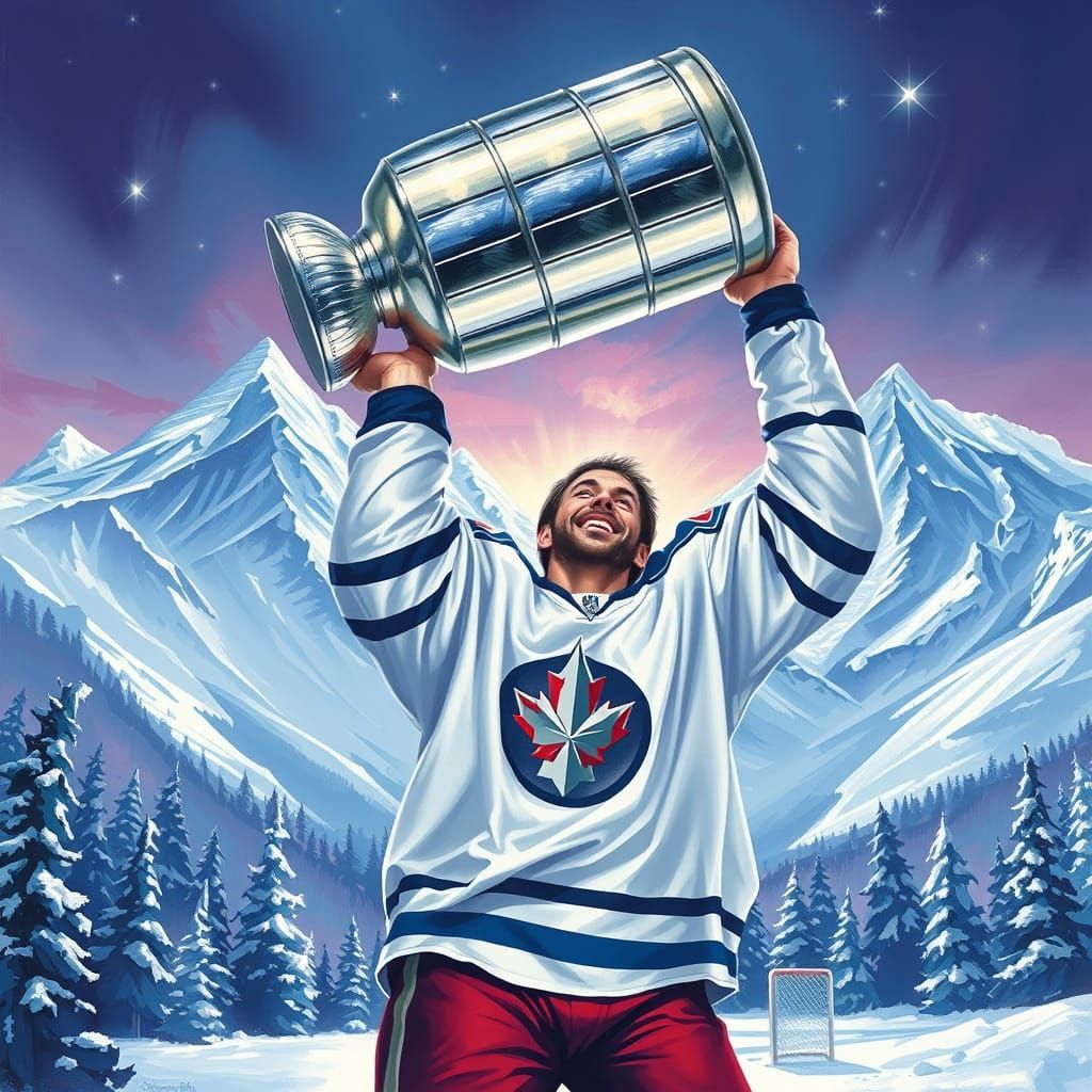 Hockey Hero Surrounded by Majestic Mountains in a Vibrant St...