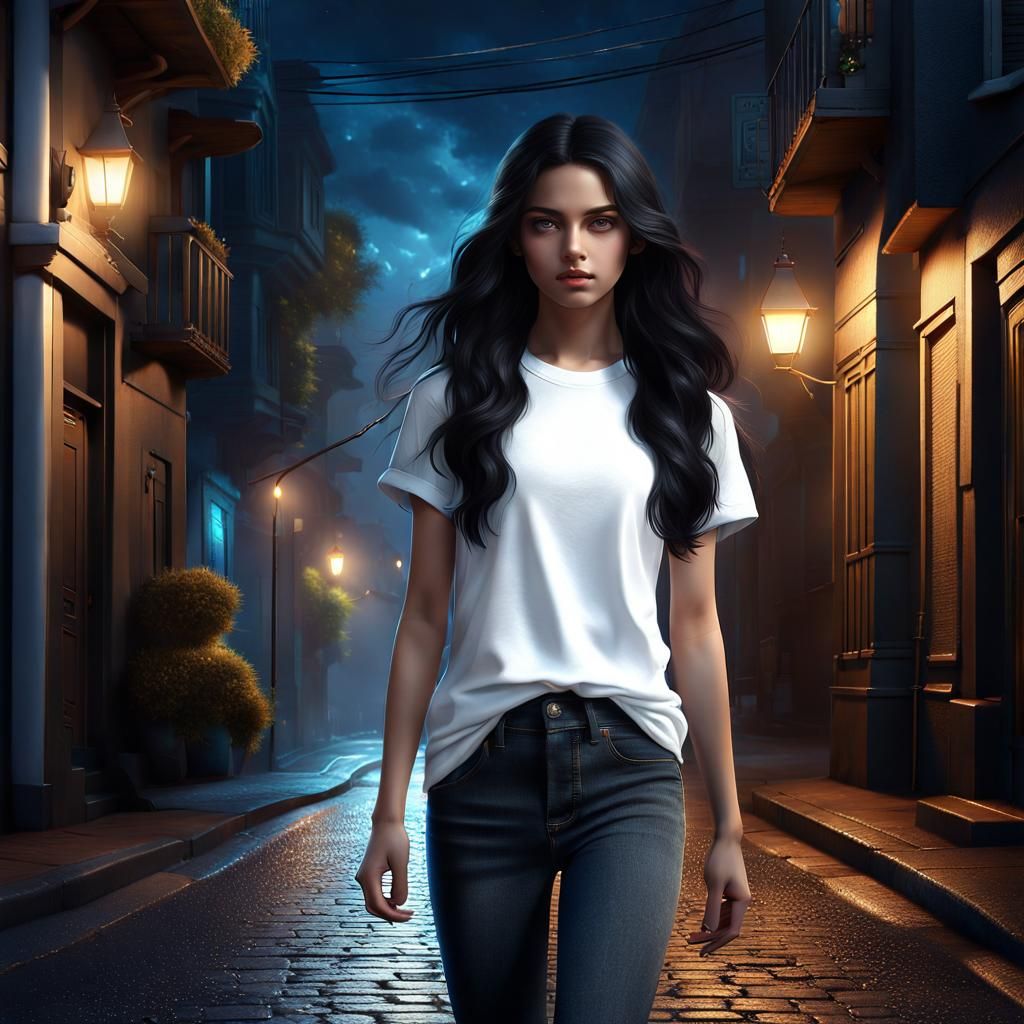 Girl Walking on Lonely Street: Detailed Matte Painting