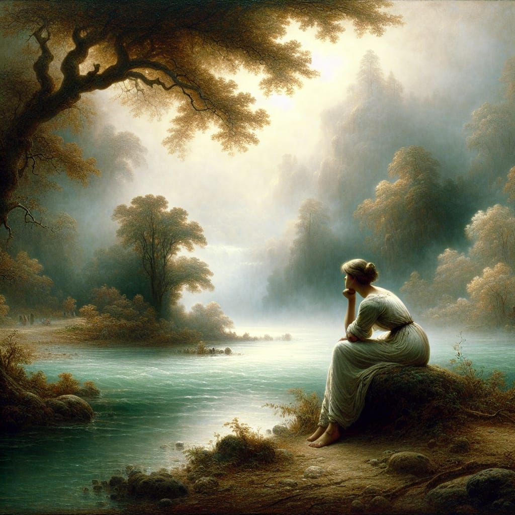 Contemplative Woman by River in Romantic Style