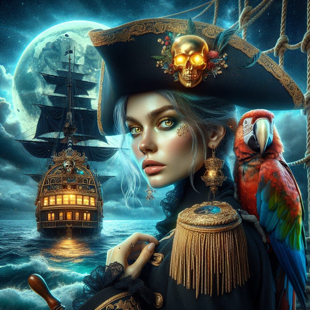Caribbean Pirate Captain with Macaw, Digital Art