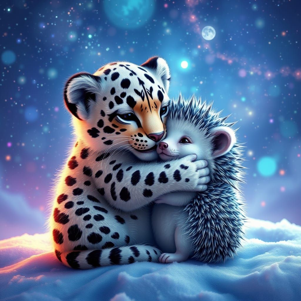 baby fluffy snow leopard and snow hedgehog its thorns are le...