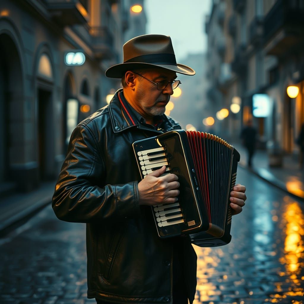 Moody Nighttime Scene of a Musician Playing Vintage Accordio...