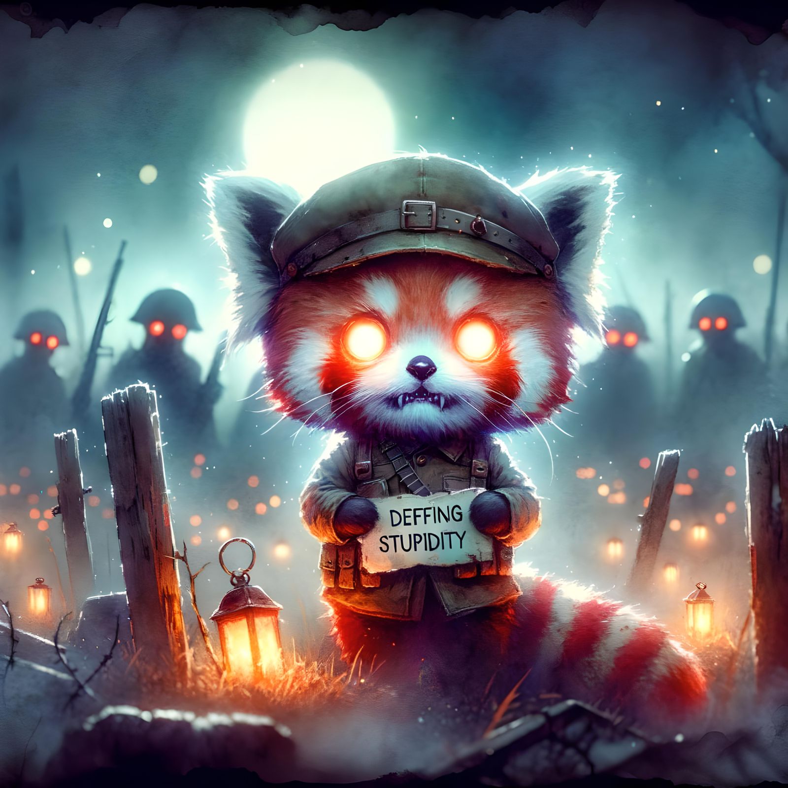 Undead Red Panda Chibi on Battlefield in Watercolor