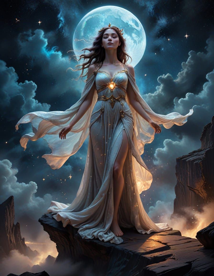 Moon Goddess on Celestial Cliff Overlooking Nebula