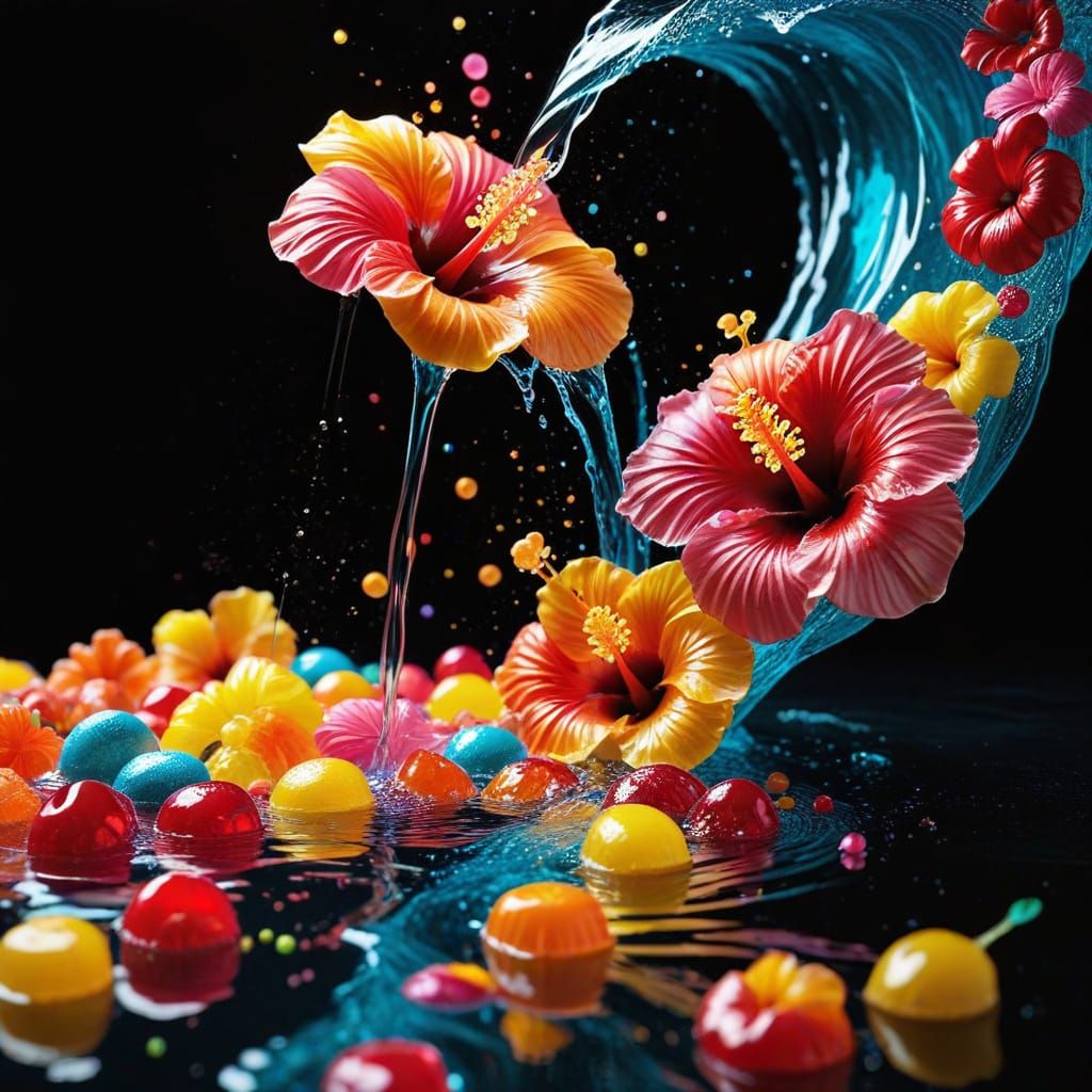 Colorful Candy Waterfall Flows from Hibiscus Flower