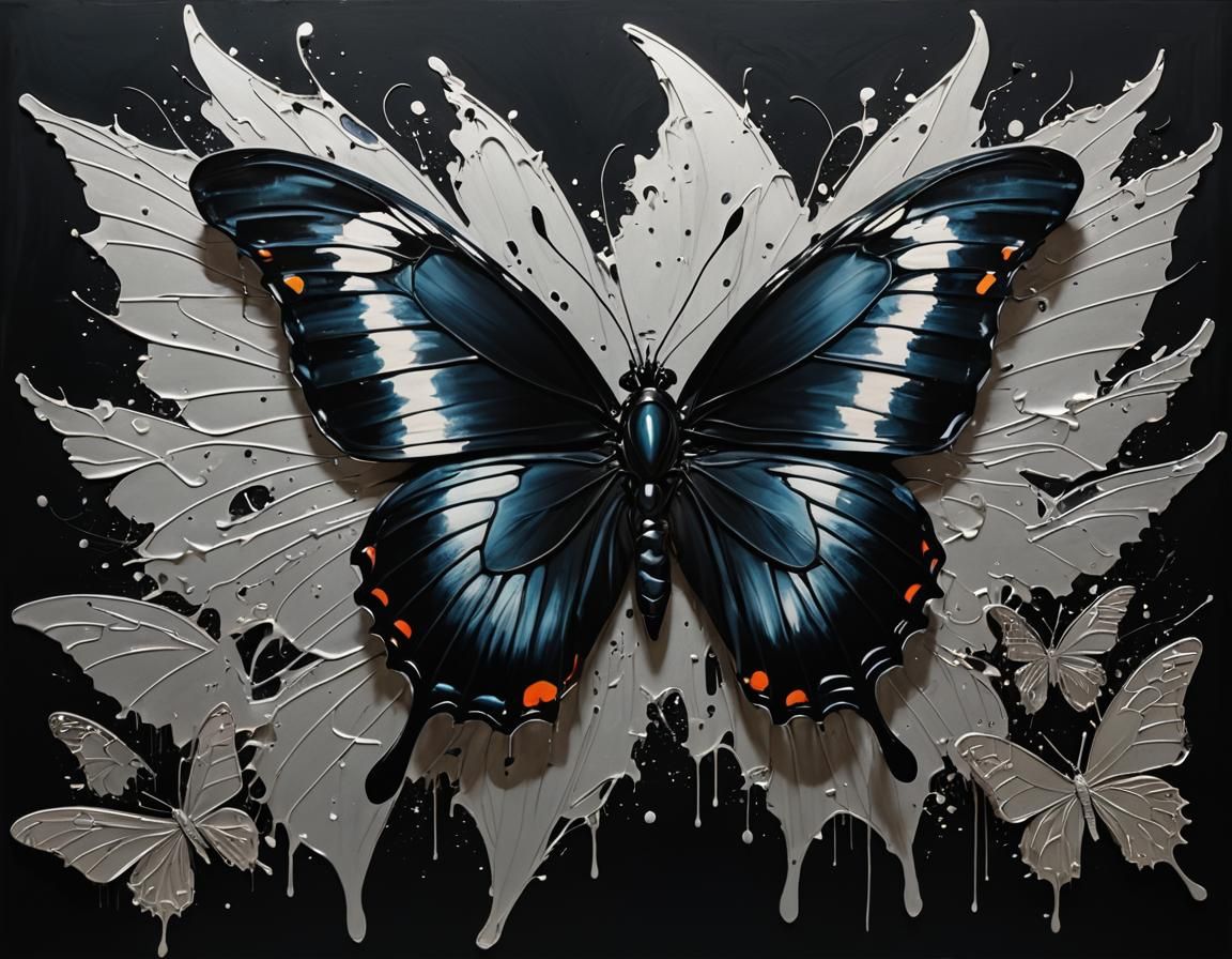 Black Butterfly with Silver Highlights in Avant-Garde Style