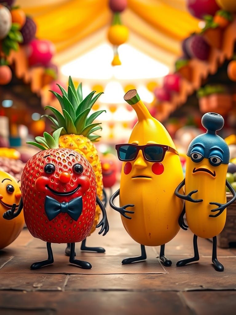 Vibrant Fruit Friends in a Whimsical Marketplace