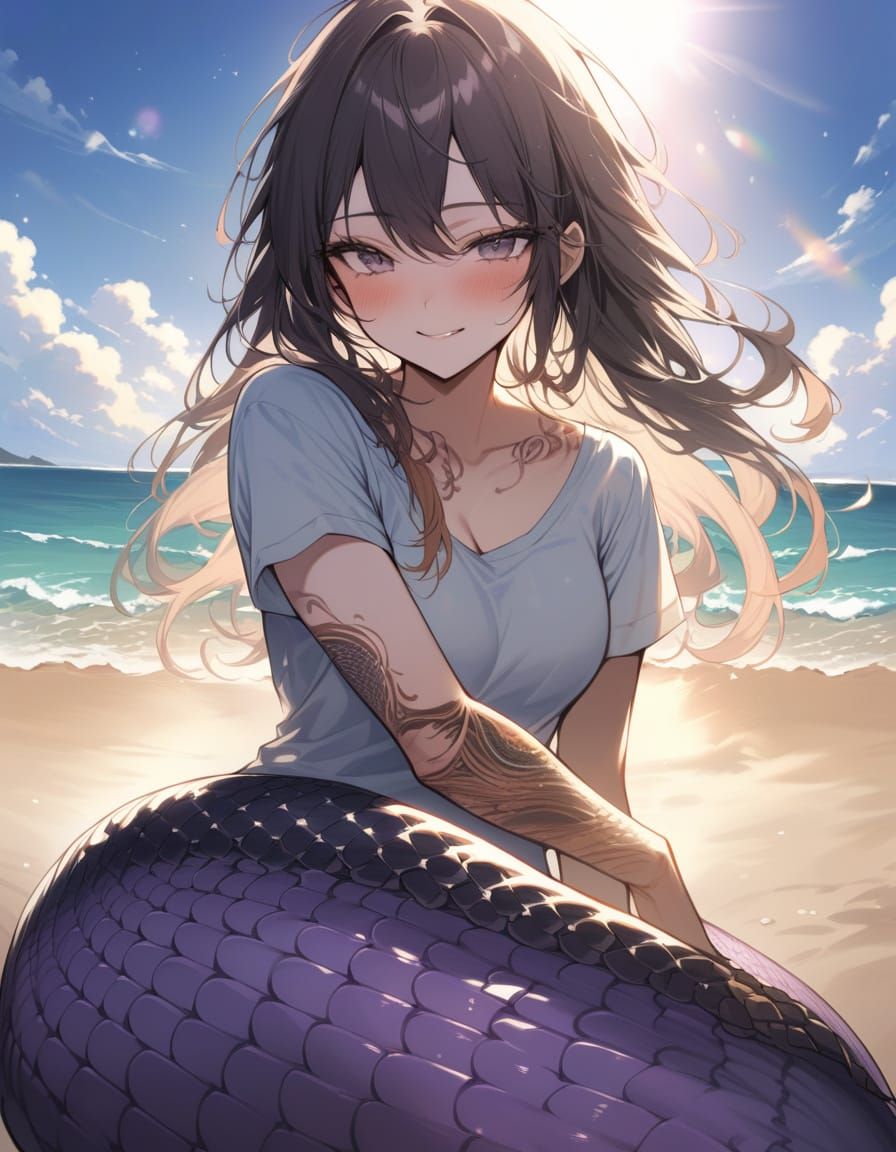 Surreal Digital Impressionism of a Snakegirl on the Beach