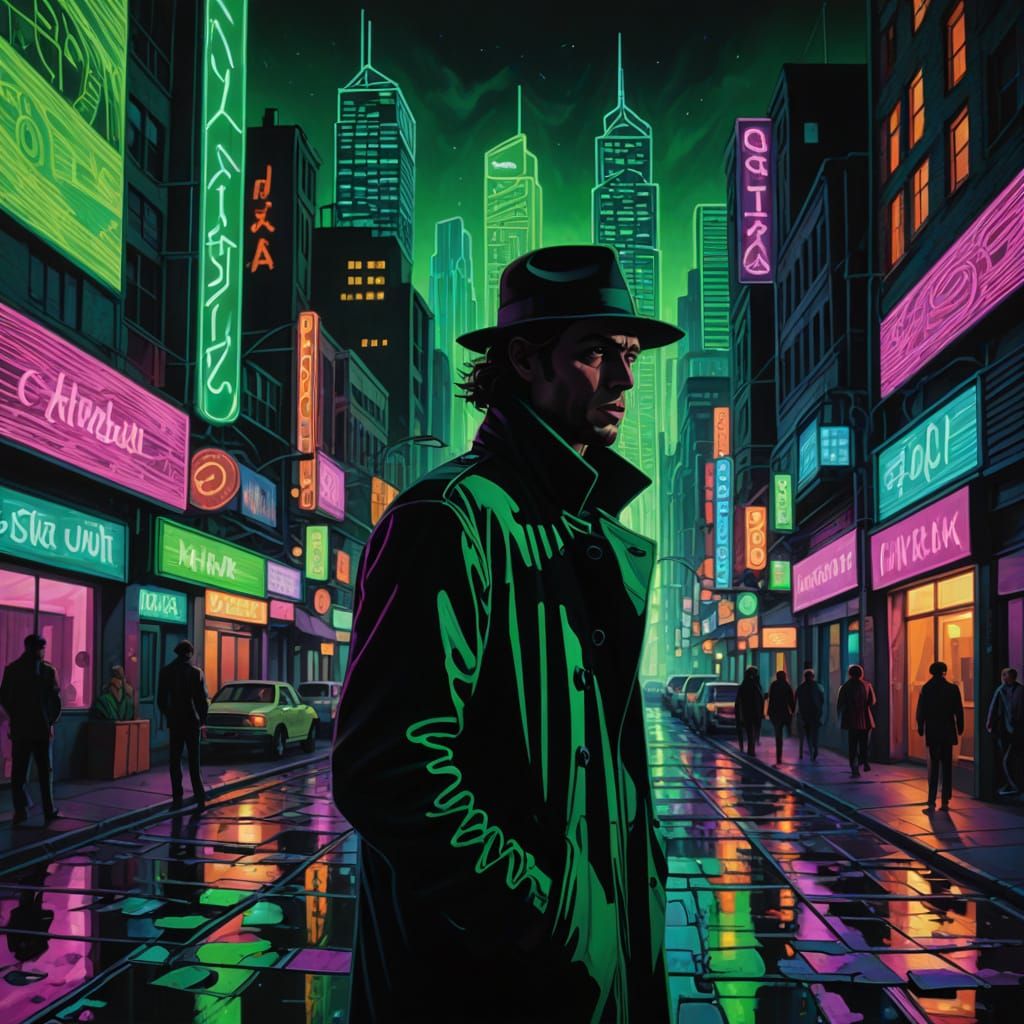 Film Noir Cityscape with Neon Lights and Shadows