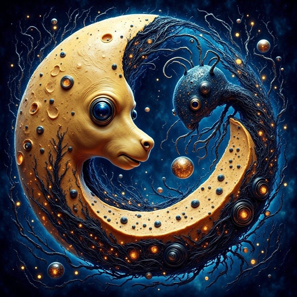 Cheese Moon Sliced by Celestial Being in Watercolor