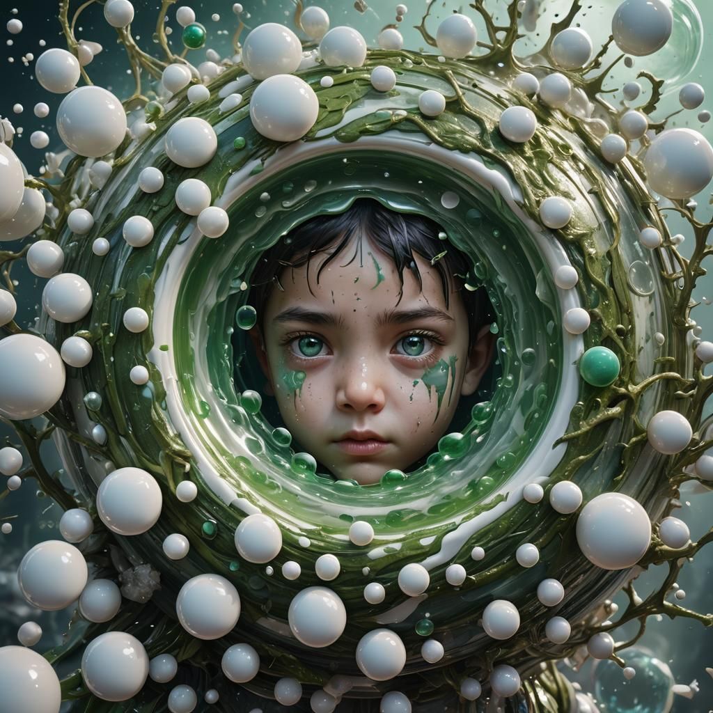 Green-Eyed Baby God in Iridescent Bubble