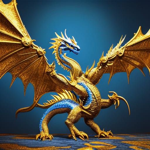Magnificent Blue and Gold Dragon in Hyperrealism
