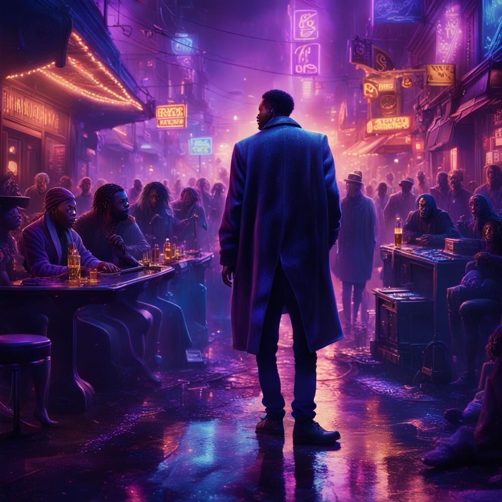 Singer on Crowded City Street at Night