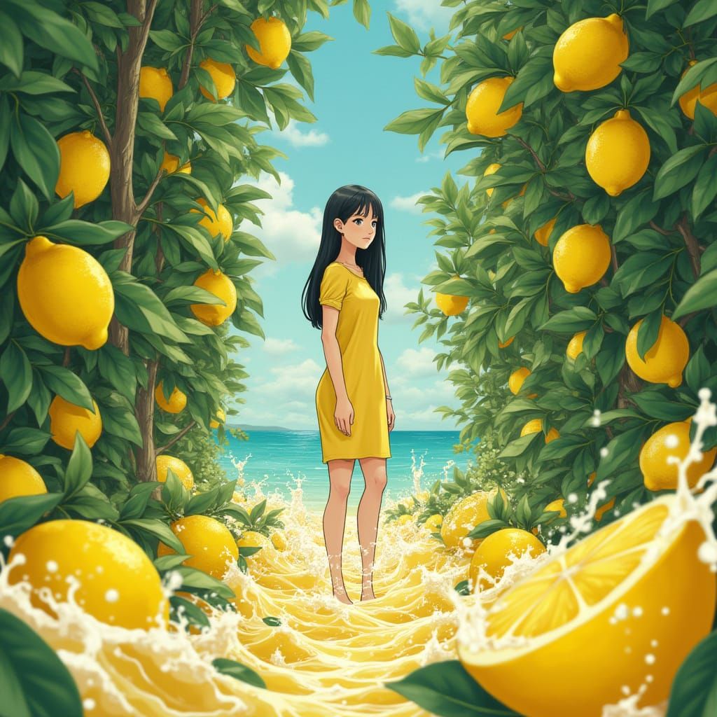 Surreal Lemon Landscape with Lemon Juice Waves