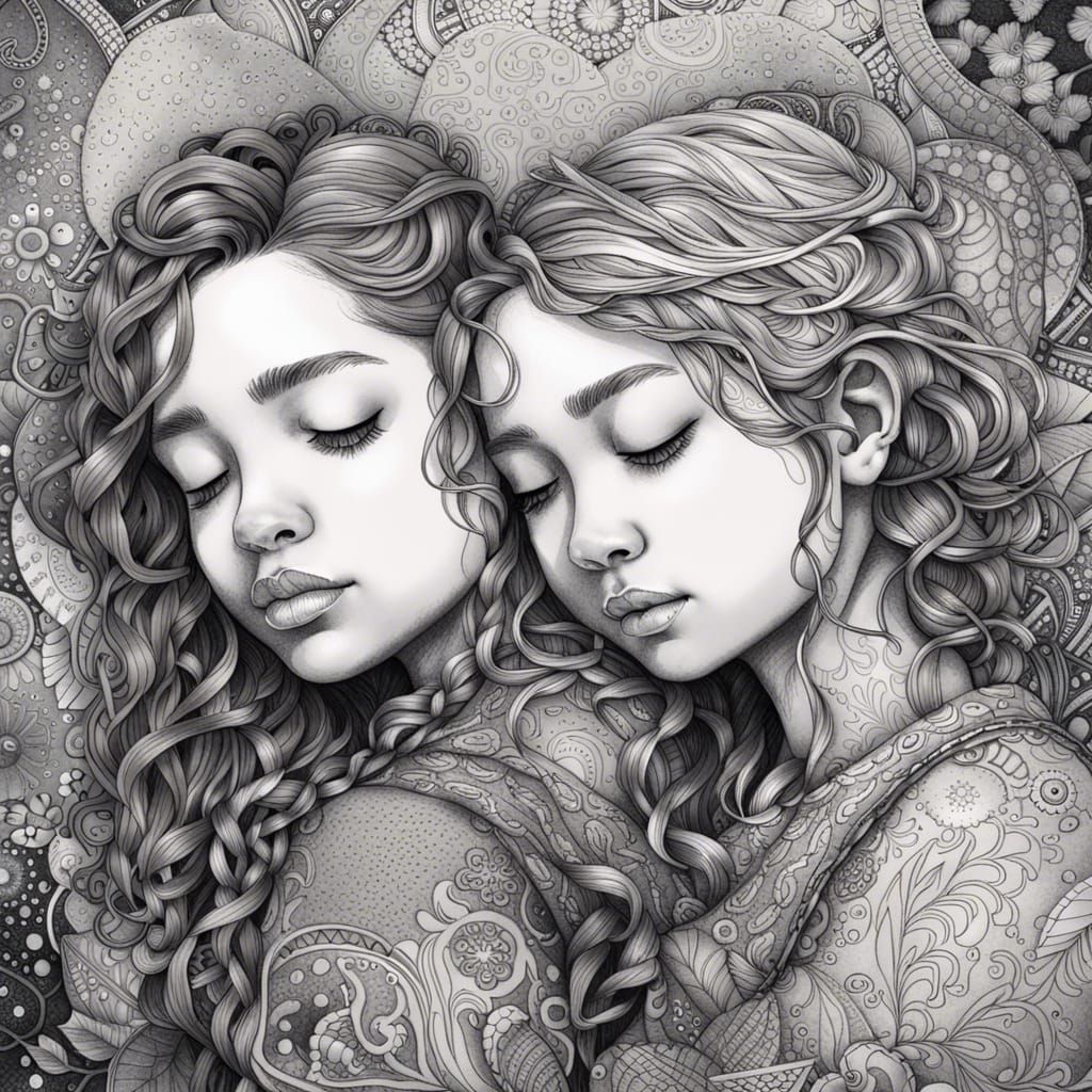 Intricate Ink Drawing of Two Girls Embracing