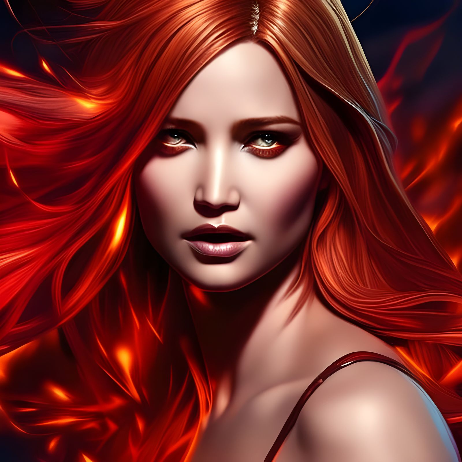 Fiery Portrait of a Woman with Flaming Hair