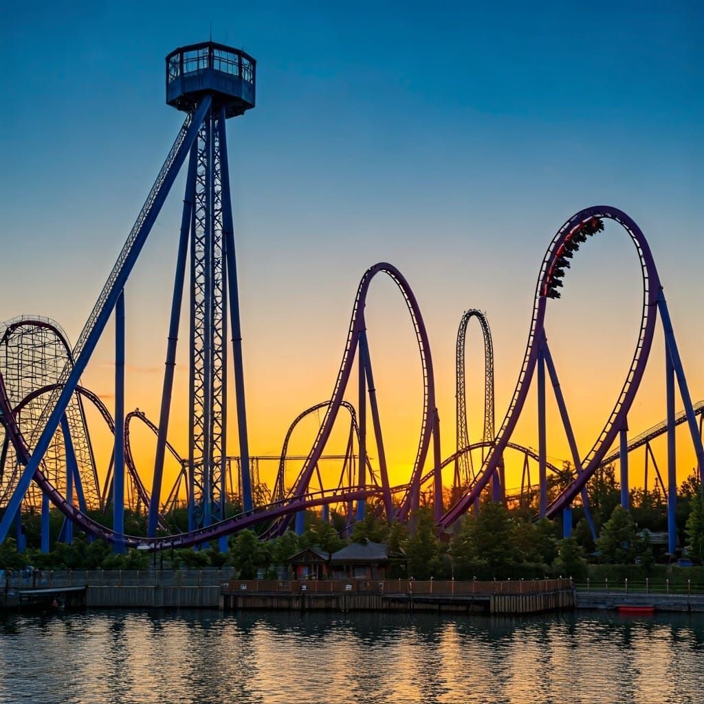 overhead view of a theme park with many roller coasters with...
