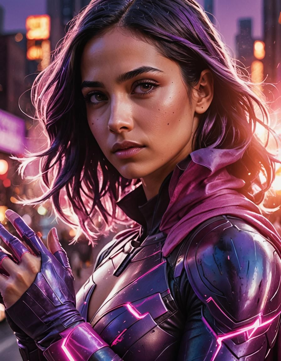 Vigilante Superheroine with Purple Energy in Comic Book Styl...