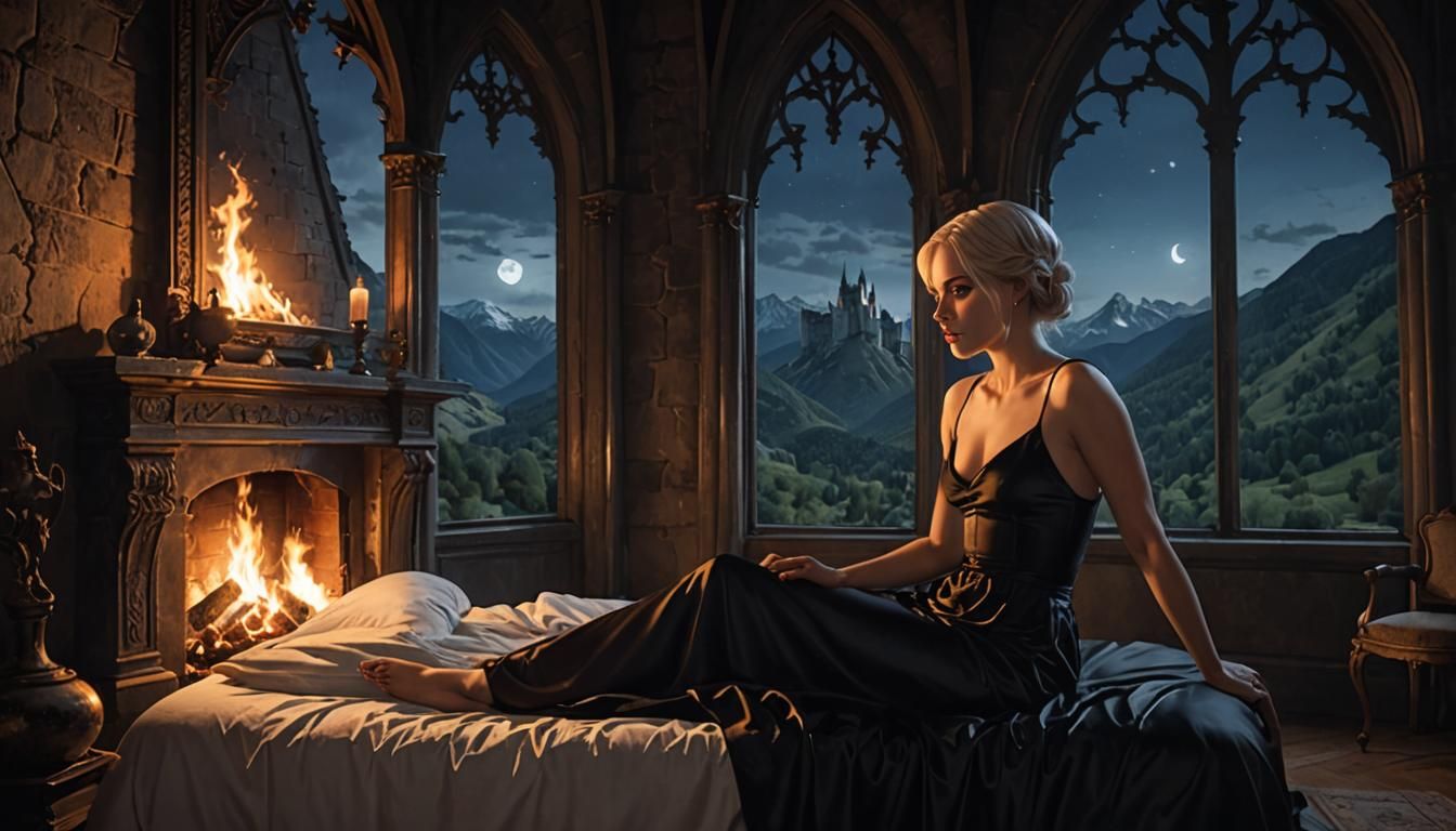 Gothic Castle Bedroom with Woman in Silk Sheet