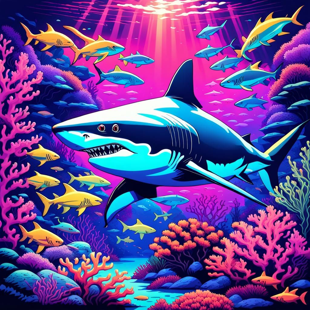 Sharks Clash in Neon Coral Reef Landscape