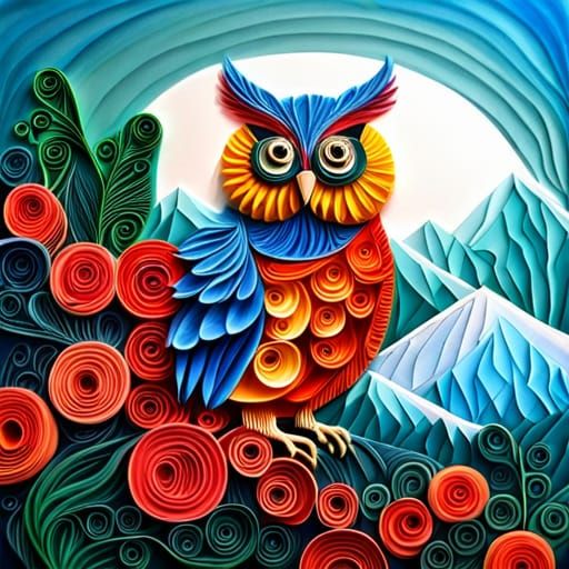 Paper Quilling Owl in Surreal Landscape
