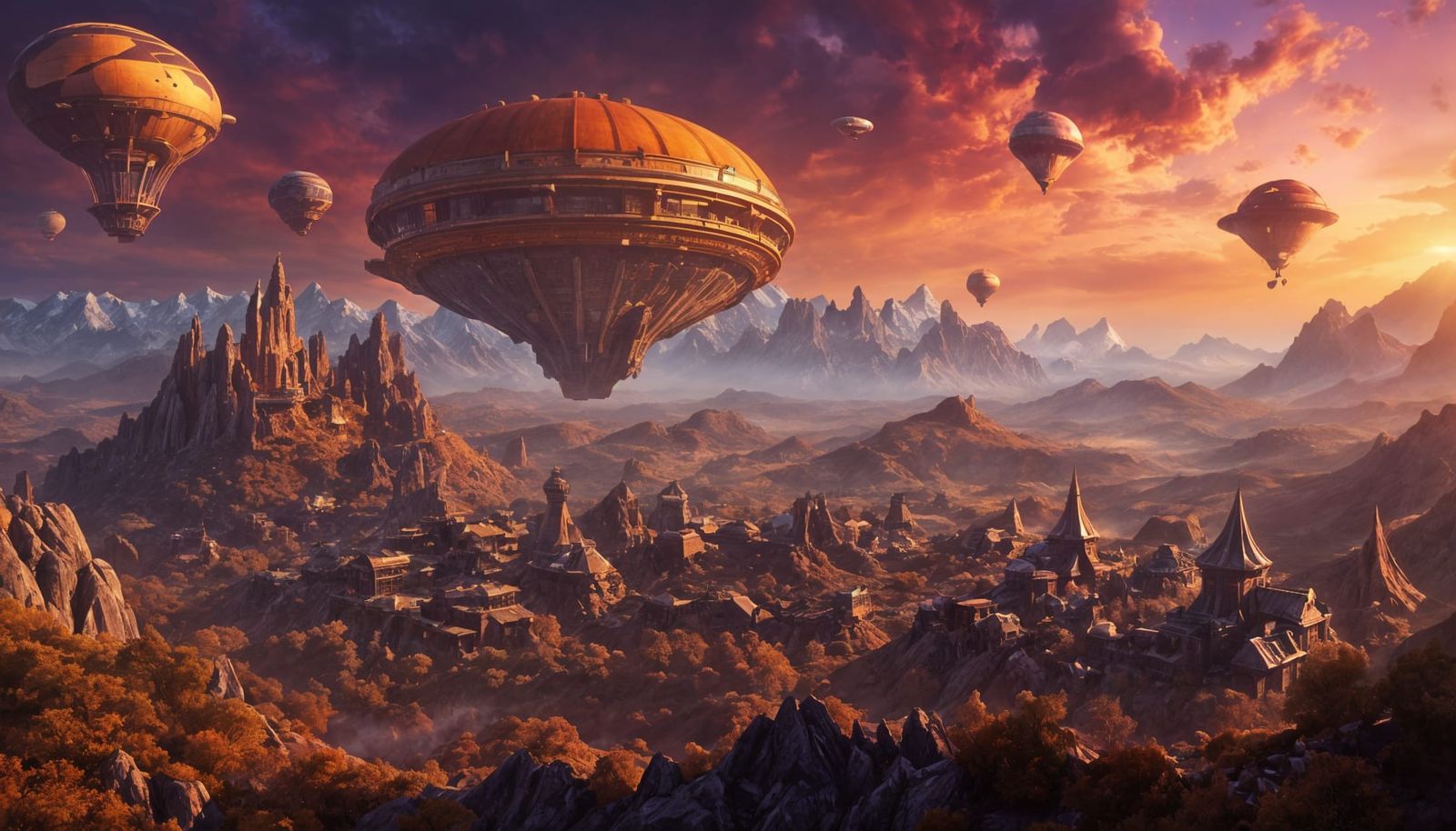 Steampunk Village on Alien World with Spacecrafts