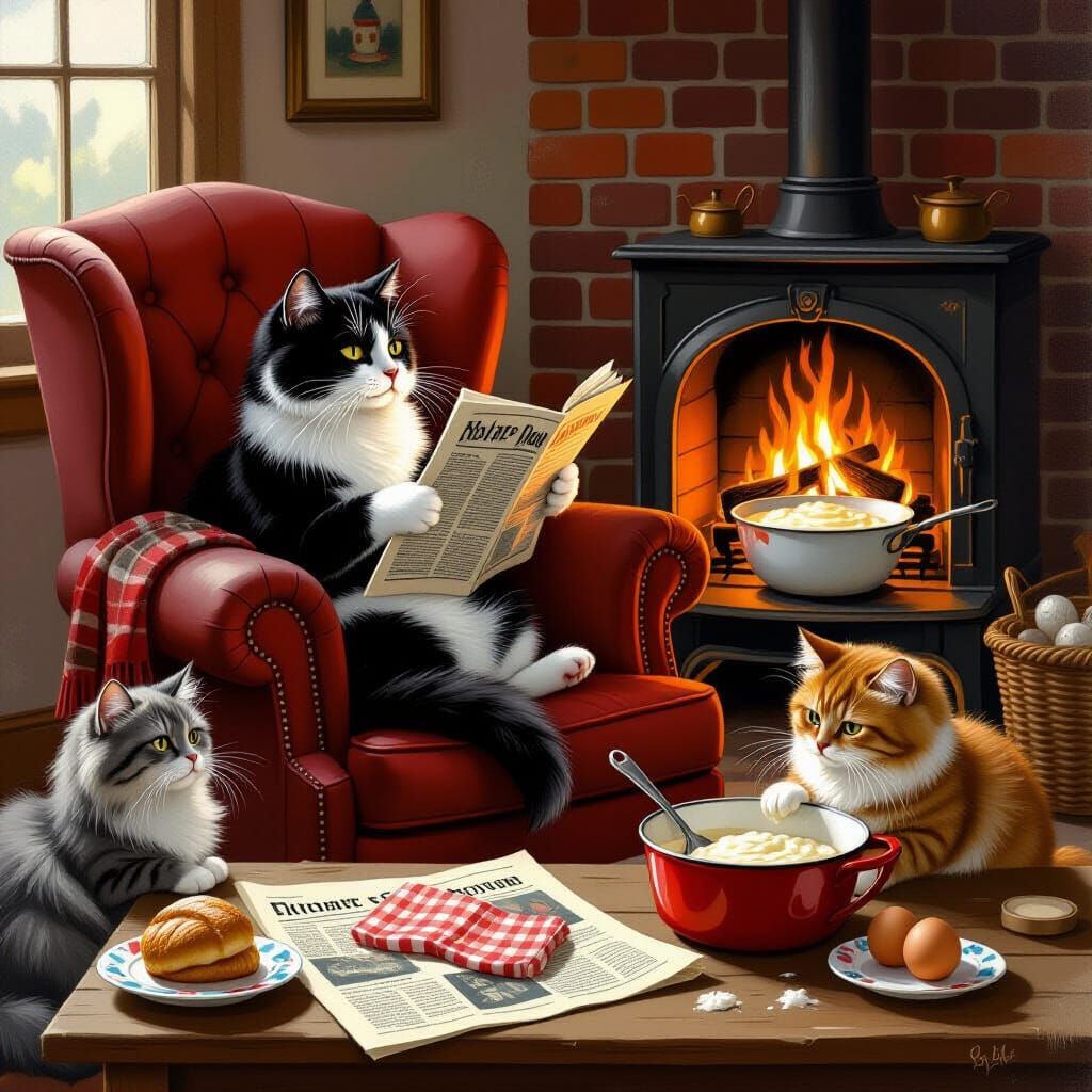 Cats in Kitchen: Homage to Hopper, Potter and Rackham