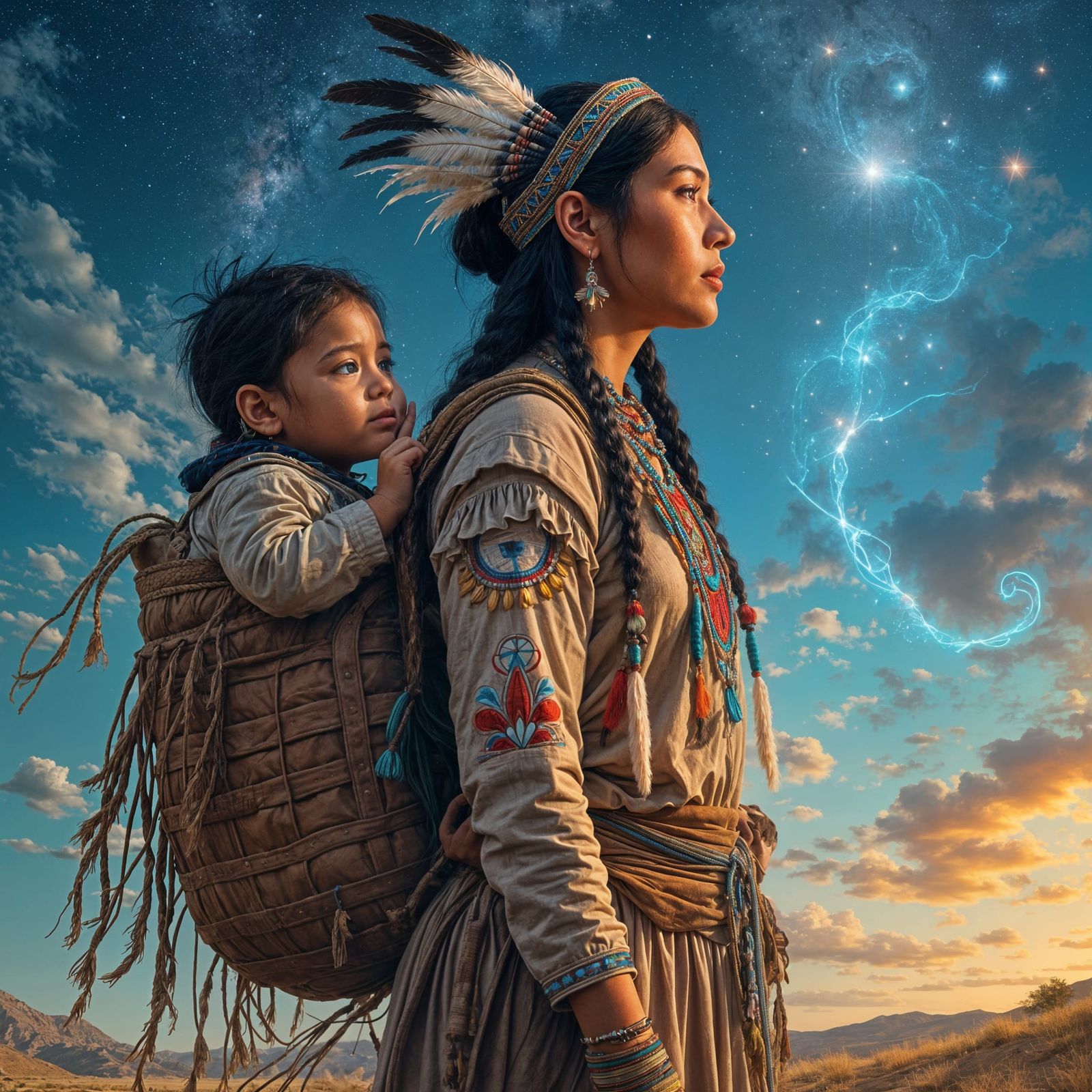 native american woman with papoose on her back and a 1 year ...