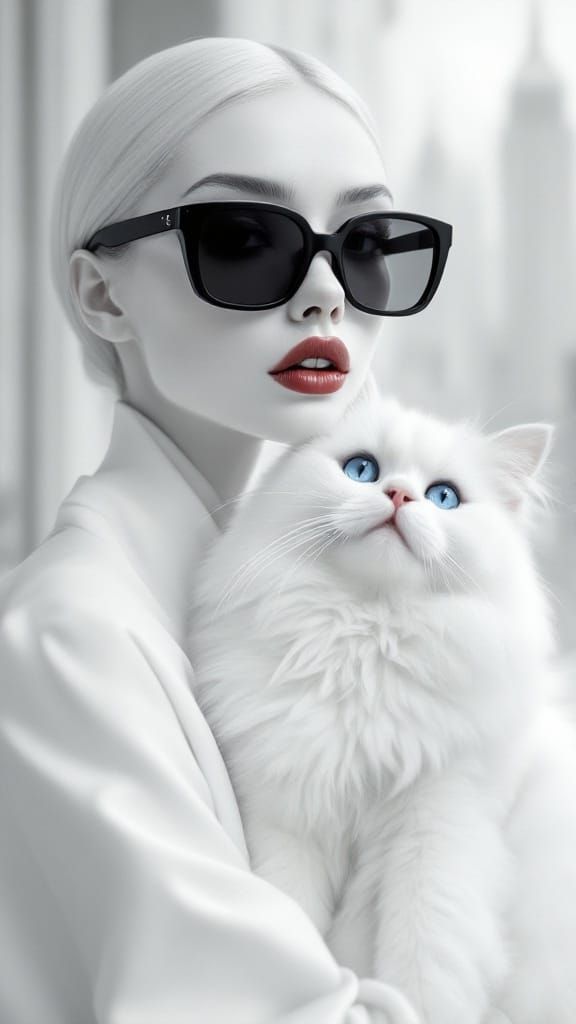 Elegant Woman with White Cat in Dreamy Cityscape