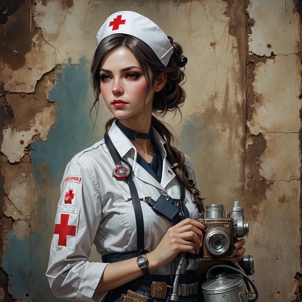 Wasteland Nurse Portrait in Solarpunk Majolica Style
