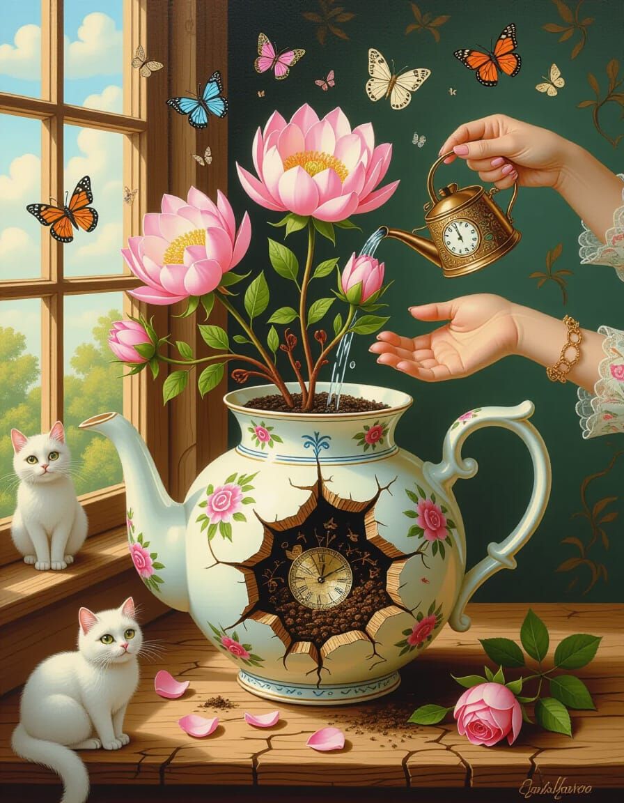 Surreal Teapot Births Impossible Flowers, Mystical Garden in...