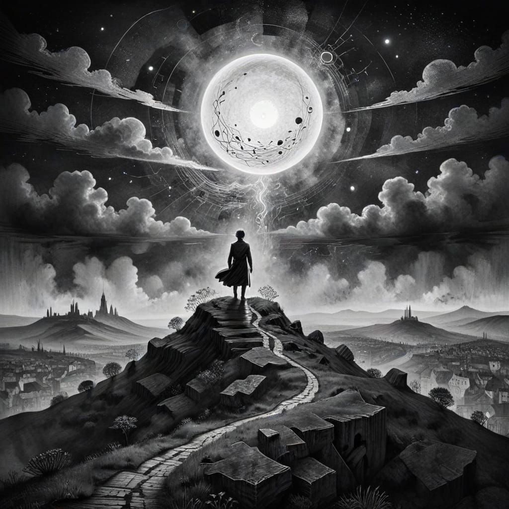 Windswept Figure Gazing at City in Etching Style