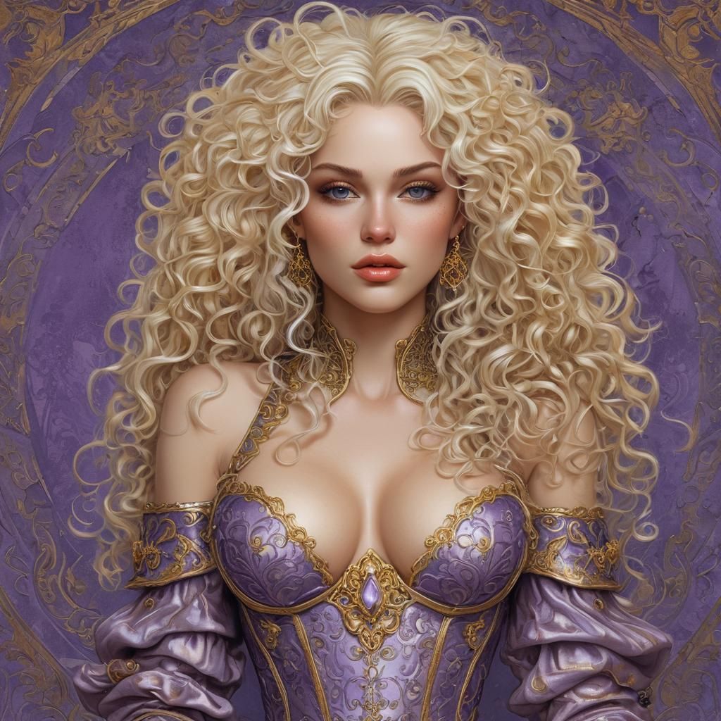 Curly Haired Woman in Elaborate Outfit: Digital Art