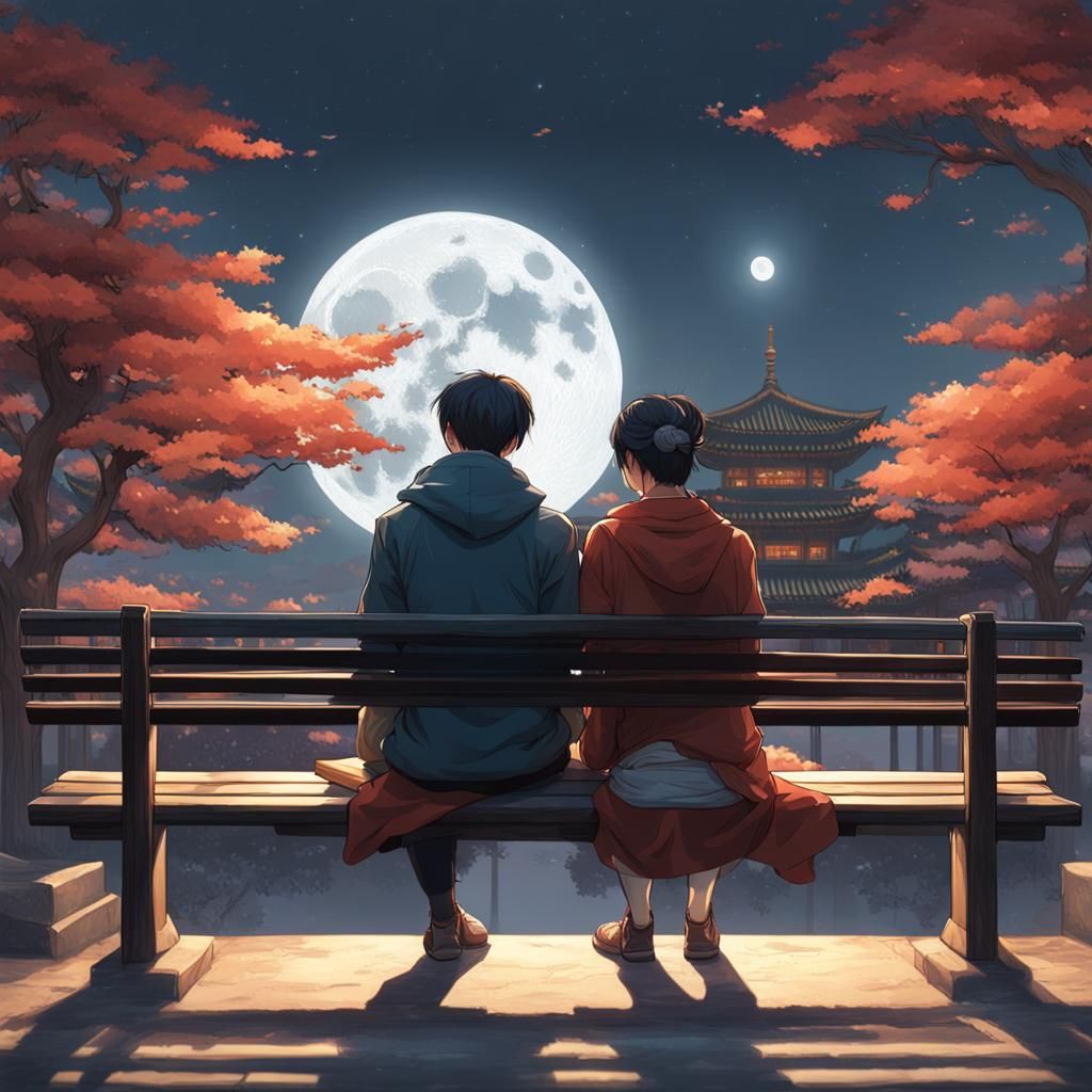 Korean Couple Gazing at Moon, Hyperdetailed Art