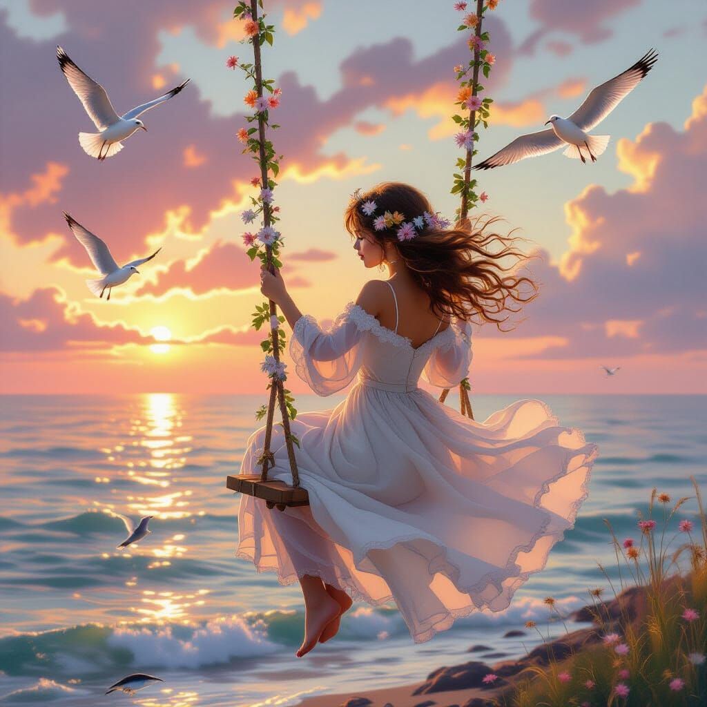 Girl Swinging by the Sea at Dawn