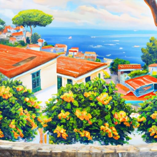 Italian Village Oil Painting with Lemon Trees
